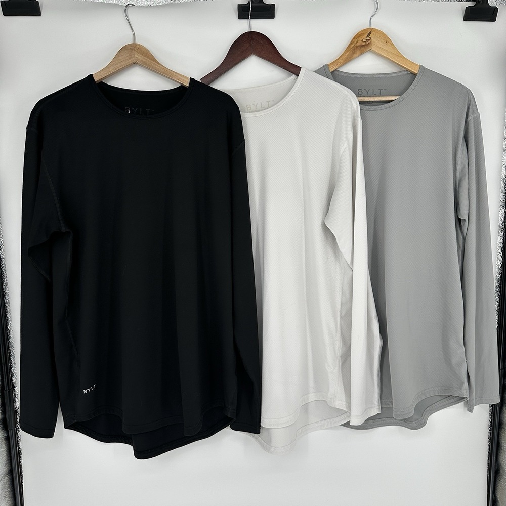 LOT 3 Bylt Shirt Drop Cut Mens large black Long Sleeve Performance Gym Workout